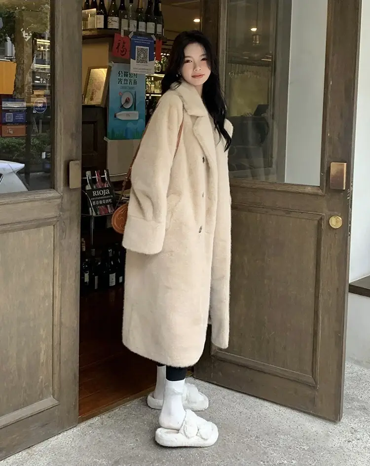 여성용 겨울용 에코 퍼 코트(폴로 칼라, 장식 털) 상세 이미지 3