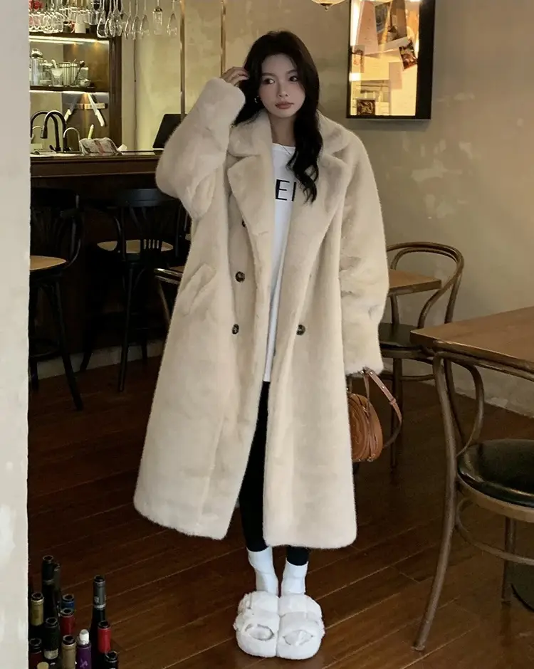 여성용 겨울용 에코 퍼 코트(폴로 칼라, 장식 털) 상세 이미지 5