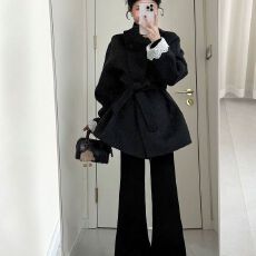 批发秋冬季立领毛呢外套时尚小个子宽松收腰系带加棉保暖呢子大衣