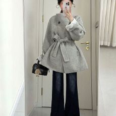 批发秋冬季立领毛呢外套时尚小个子宽松收腰系带加棉保暖呢子大衣