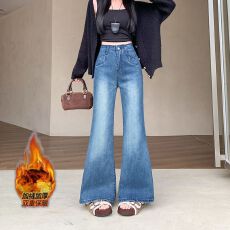 批发加绒加厚阔腿牛仔<b class='q'>裤</b>女新款高腰宽松显瘦设计感微喇<b class='q'>裤</b>子<b class='q'>百搭</b>高级感