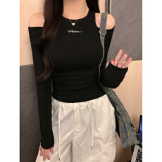 批发40支纯棉210克92棉/8氨纶露肩长袖t恤女刺绣显瘦百搭外单韩单爆款