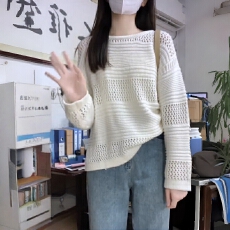 批发慵懒风圆领镂空长袖套头针织衫女秋季宽松显瘦<b class='q'>休闲</b>打底衫内搭上衣