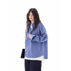 批发S-2XL原版梭织格 复古蓝色格子<b class='q'>衬衫</b>长袖休闲宽松<b class='q'>情侣</b><b class='q'>衬衣</b>外套男女