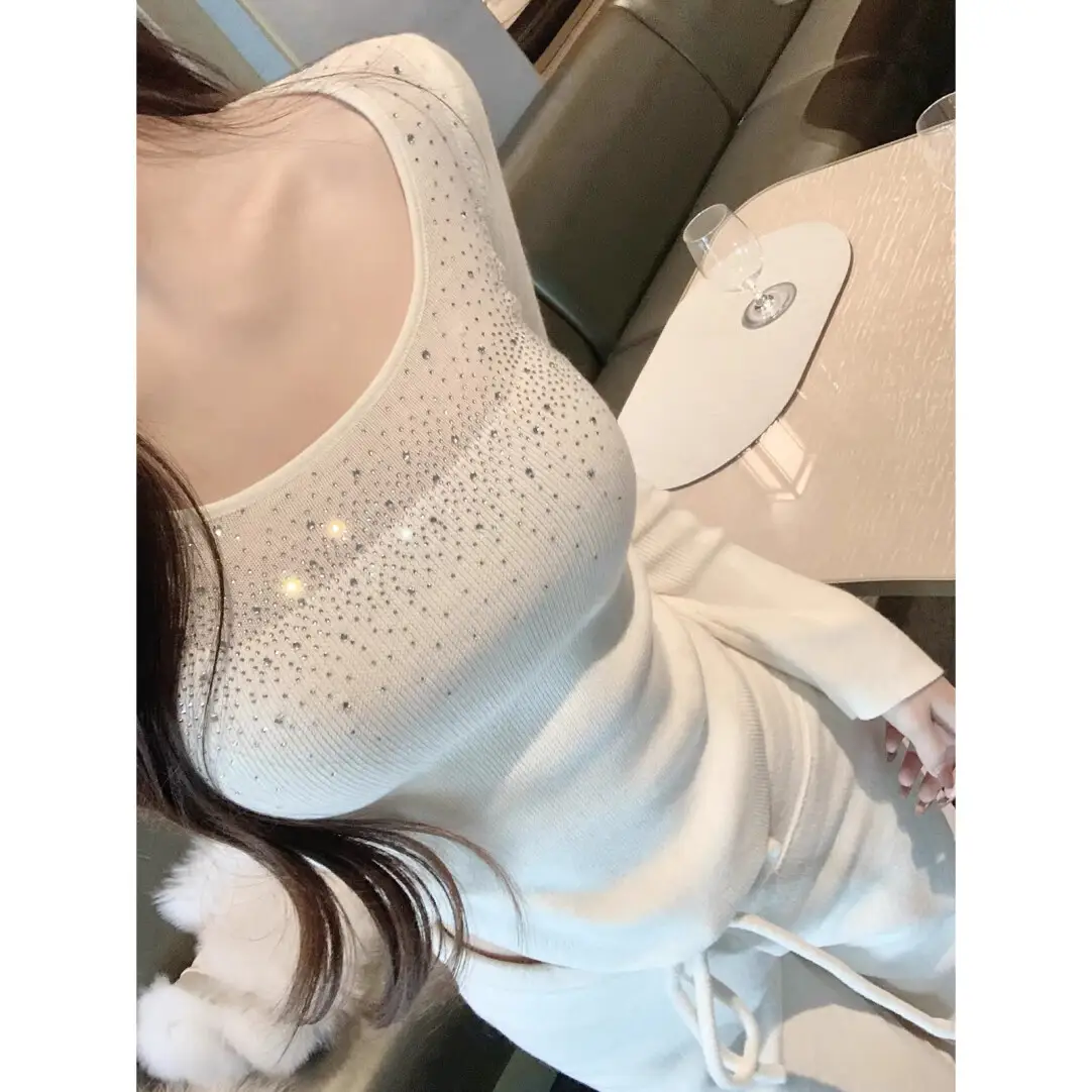 순백 U넥 수제 라인 워터드롭 니트 탑 상세 이미지 5