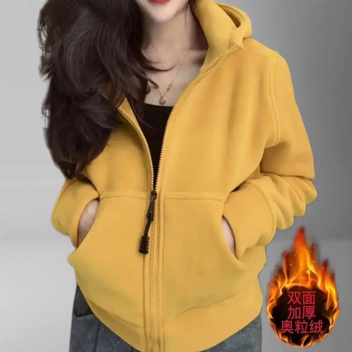 후드 스웨트셔츠 겨울용 두꺼운 양면 오렌지 퍼 플리스 아우터 상세 이미지 7