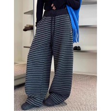 批发S-4XL抽绳条纹阔腿裤<b class='q'>女</b>加绒加厚新款欧货宽松休闲弯刀长裤百搭