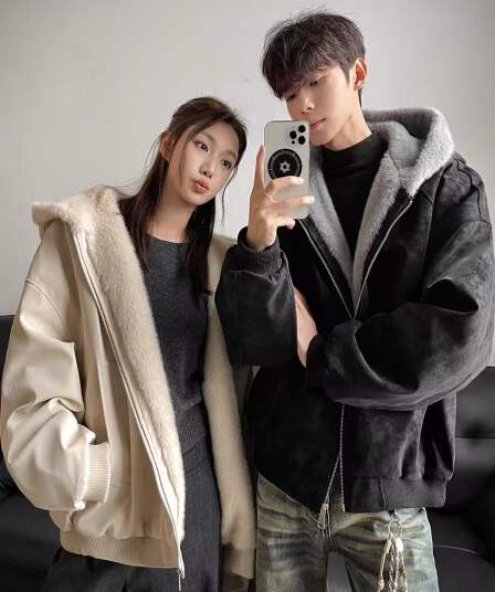 원본 열매 곡물 가죽 전체 토끼털 플러시 좌 산 조각 재킷 남녀 겨울 털이 있고 두꺼운 후드 면 의류 모피 칼라