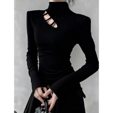 批发秋冬辣妹镂空半高领磨毛加绒打底衫女内搭不规则正肩长袖t恤上衣