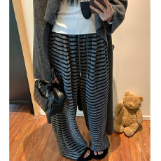 批发松紧腰抽绳灰色条纹休闲阔腿裤<b class='q'>女</b>春秋新款宽松百搭直筒裤外单爆款