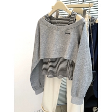 实拍花灰色斜肩长袖条纹卫衣女2025秋季设计感搭配背心两件套上衣
