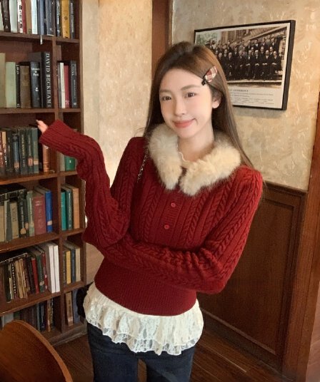 보존 섹션 추천 띠띠해 빨간색 모피 칼라 패치워크 니트 오픈 가디건 여성 겨울 고급 센스 품격 슬림해 보이는 스웨터