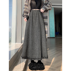 批发韩系加绒羊绒半身裙女202春秋新款木耳花边拼接中长款A字裙