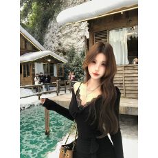 批发随心裁纯欲辣妹针织V领蕾丝拼接<b class='q'>连衣裙</b>女秋冬<b class='q'>荷叶边</b>黑裙子