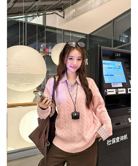 연령 감소 꽈배기 POLO 칼라 긴팔 스웨터 여성 의류 겨울 새로운 캐주얼 체크무늬 패치워크 니트 스웨터 맨위
