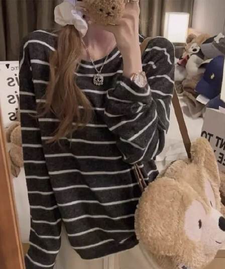 느긋한 라운드 넥 풀오버 긴팔 티셔츠 품격 기본 셔츠 여성 가을 루즈핏 다용도 캐주얼 배색 스트라이프 맨위