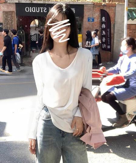 이른 봄 폭발 미니멀리즘 단색 u 칼라 긴팔 티셔츠 여성 2025 봄 가을 루즈핏 슬림해 보이는 기본 셔츠 느긋한 바람 맨위