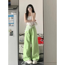 批发绿色阔腿<b class='q'>牛仔裤</b>女春夏韩版ins高腰显瘦学生百搭小个子拖地直筒裤