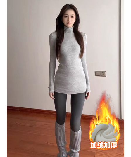 가을 겨울 보온 터틀넥 털이 있는 인사이드 가져 가라. 기본 셔츠 중간 길이 에디션 표지 엉덩이 타이트 스커트 맨위 허리 수축 긴팔 티셔츠 여성