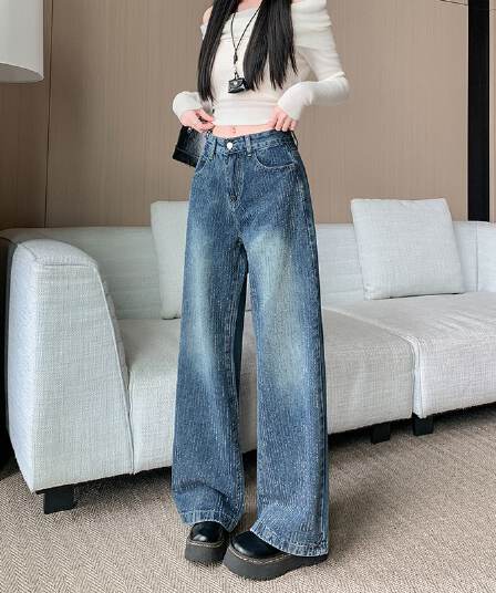 2026 봄 유성우 무거운 작업 핫픽스 넓은 다리 청바지 여성 봄 새로운 하이웨이스트 슬림해 보이는 데님 긴 바지