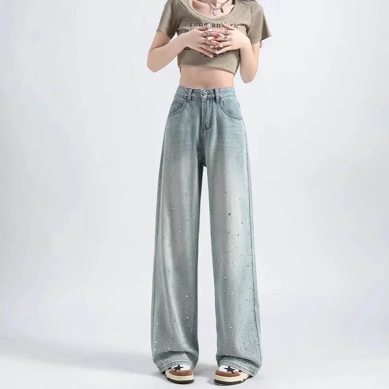 MY17689# 设计感烫钻牛仔裤春夏新款浅色欧货重工带钻高腰直筒拖地阔腿裤子女裝貨源服裝批發