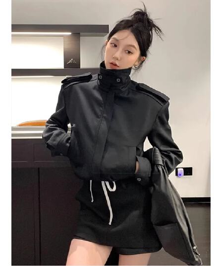 캐주얼 다용도 이른 봄 검정색 여성 코트 2026 새로운 자이언트 잘 생긴 ~ 중 작은 키 쇼트 스타일 한 부서 스탠드 칼라 재킷
