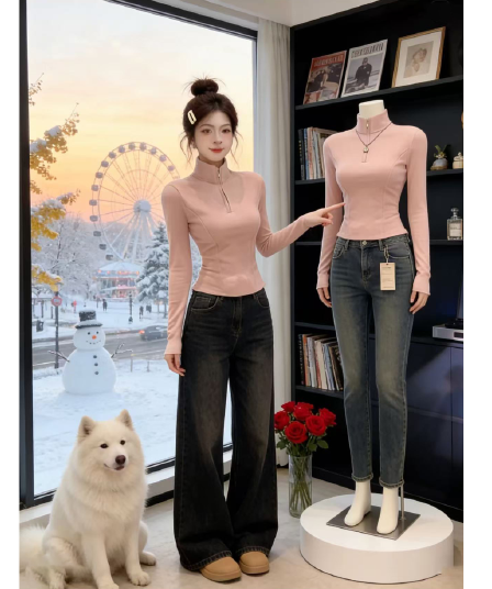 패션 디자인 센스 半拉 체인 길이 소매 티셔츠 여성 외출용 가을 겨울 새로운 허리 수축 슬림해 보이는 긍정적 인 어깨 기본 셔츠 맨위