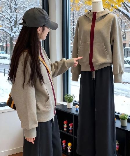 순수한 Mianhua 면 복합 은 여우 플러시 레트로 후드 배색 더블 지퍼 후드티 여성 새로운 오픈 가디건 루즈핏 재킷