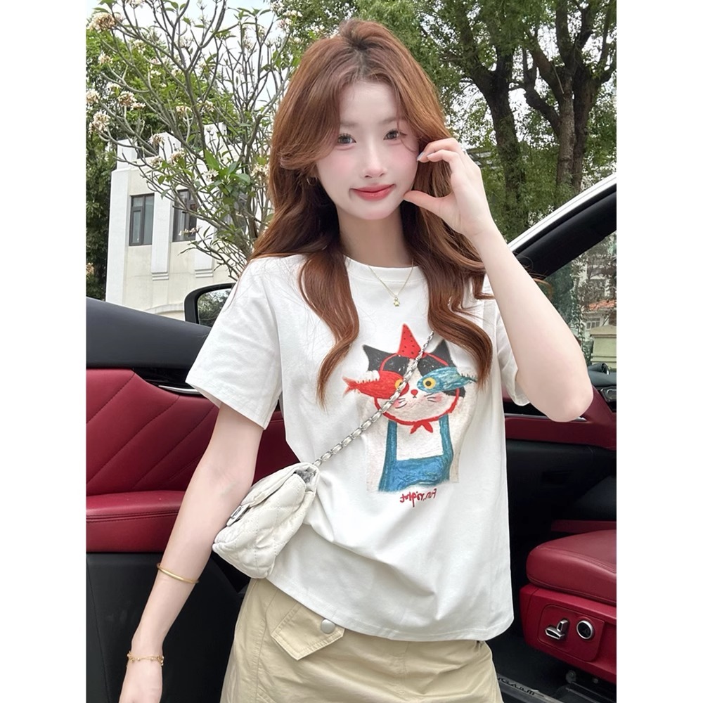 MY17692# 40支纯棉 92%棉8%氨纶 正肩短袖T恤女印花女裝貨源服裝批發