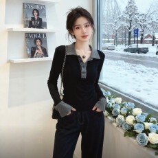 批发黑灰色polo领修身内搭<b class='q'>长袖</b><b class='q'>T</b><b class='q'>恤</b>女2026新款春季可外穿高级感上衣