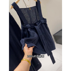 批发藏青色亚麻吊带背心女夏季外穿蝴蝶结系带露背无袖棉麻老钱风上衣