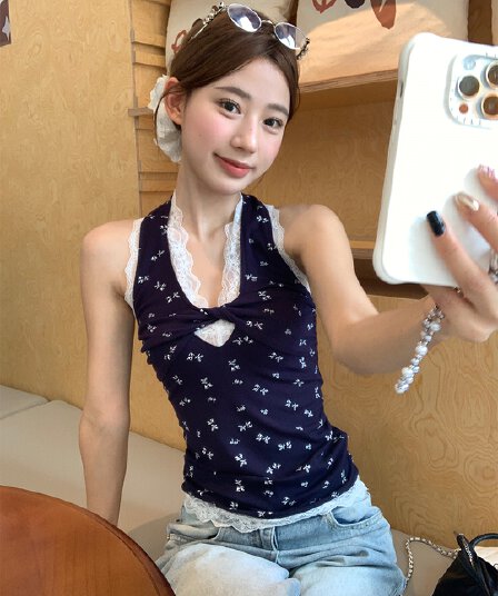 블루 꽃무늬 행침 목 캐미솔 여름 새로운 몸매 가꾸기 디자인 센스 레이스 백리스 작은 맨위