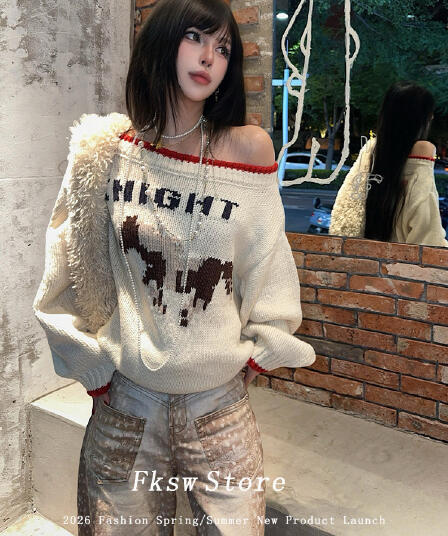 양 플러시 세 레트로 배색 비스듬한 어깨 풀오버 양성 및 음성 둘 착용 스웨터 여자 오프숄더 니트 스웨터