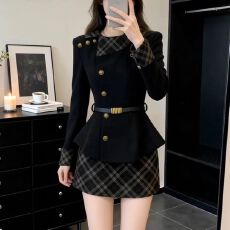 批发法式千金感穿搭一整套超好看套装收腰<b class='q'>呢子外套</b>半身裙子两件套