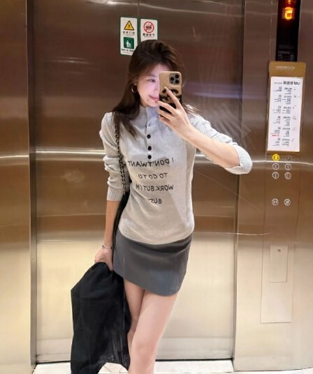 한 부서 회색 반하이넥 털 니트 스웨터 여성 봄 가을 새로운 알파벳 디자인 센스 품격 폴로 칼라 얇은 스타일 맨위