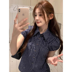 批发夏季复古polo领娃娃衫修身<b class='q'>短款</b>泡泡袖衬衣上衣