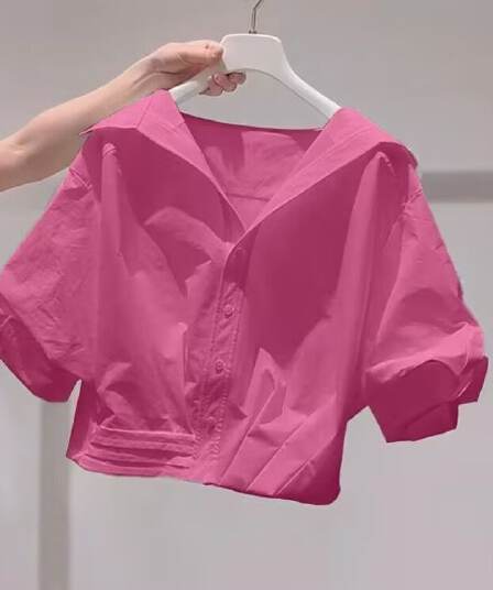 자이언트 잘 생긴 라스베리 분말 폴로 칼라 거품 소매 여성 셔츠 여름 폭발 ins 바람 루즈핏 도파민 쇼트 스타일 셔츠