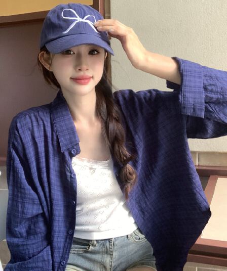 실사 일본식 품격 레트로 진한 파란색 순면 체크무늬 여성 셔츠 이른 가을 2026 서리가 내린 부서 고급 센스 맨위