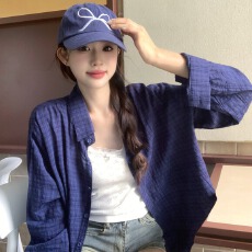 批发实拍日系气质复古深蓝色纯棉格子衬衫女早秋2026冷淡系高级感上衣