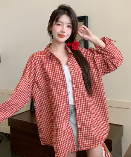 실사 일본식 봄 여름 빨간색 체크무늬 긴팔 여성 셔츠 한국 스타일 다용도 루즈핏 달콤함 디자인 센스 스택 계속하다