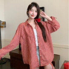 批发实拍日系春夏红色格子长袖衬衫女韩版百搭宽松<b class='q'>甜美</b>设计感叠穿上