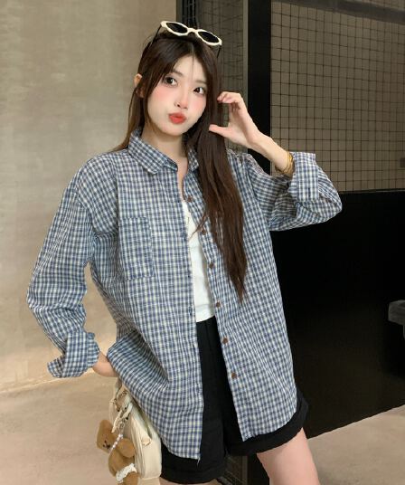 실사 작은 대중 한 부서 체크무늬 여성 셔츠 봄 여름 다용도 루즈핏 느긋한 바람 맨위 외부 가져 가라. 체크무늬 셔츠 재킷