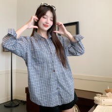 批发实拍小众韩系格子衬衫女春夏<b class='q'>百搭</b>宽松慵懒风上衣外搭格纹衬衣外套