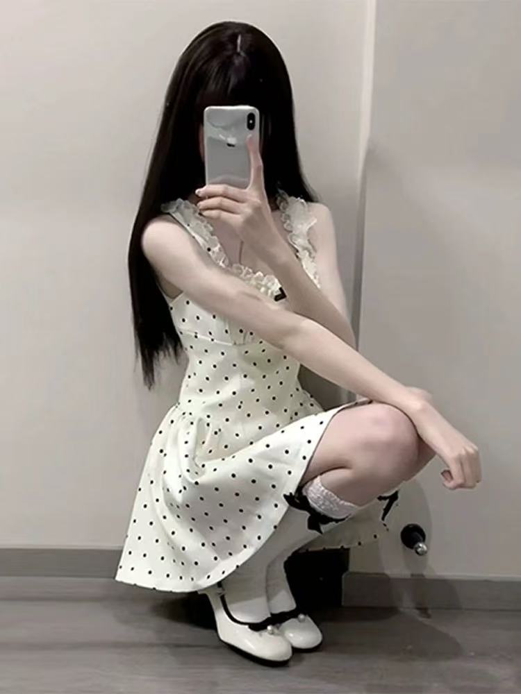 여름 프랑스식 미니 스커트 달콤함 레이스 슬립 도트 무늬 드레스 순수한 욕망 새로운 디자인 치마 허리 수축 A라인 스커트