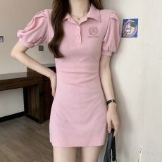 批发甜辣风Polo领连衣裙女2026夏季新款收腰显瘦泡泡袖短袖A字裙子潮