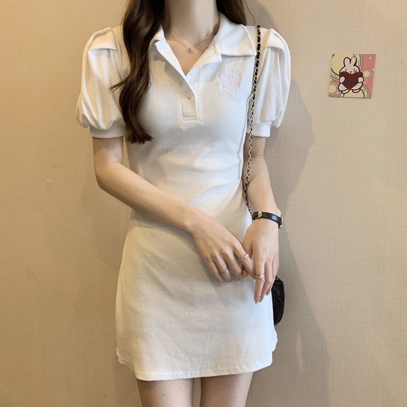 달콤한 매운맛 바람 POLO 칼라 여성 드레스 2026 여름 새로운 허리 수축 슬림해 보이는 거품 소매 반팔 한 마디 치마 트렌디