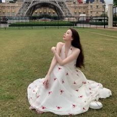 批发心愿裙 纯欲风挂脖<b class='q'>连衣裙</b><b class='q'>提花</b>收腰显瘦露背深V领长裙女