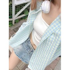 批发S-2XL原版质量 蓝绿格纹POLO领衬衣<b class='q'>女</b>夏季多巴胺薄款宽松防晒上衣