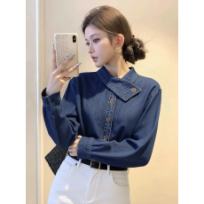 批发高级感小众立领牛仔衬衫2026春季新款长袖深蓝色叠穿衬衣时尚外套