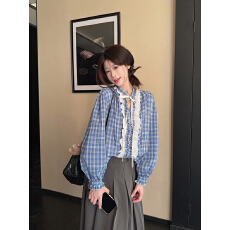 法式灯笼袖系带蓝格子衬衫女宽松蕾丝拼接气质v领长袖上衣2026春